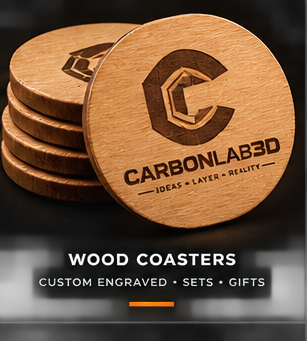 Carbon Lab 3D custom laser engraved wood coasters